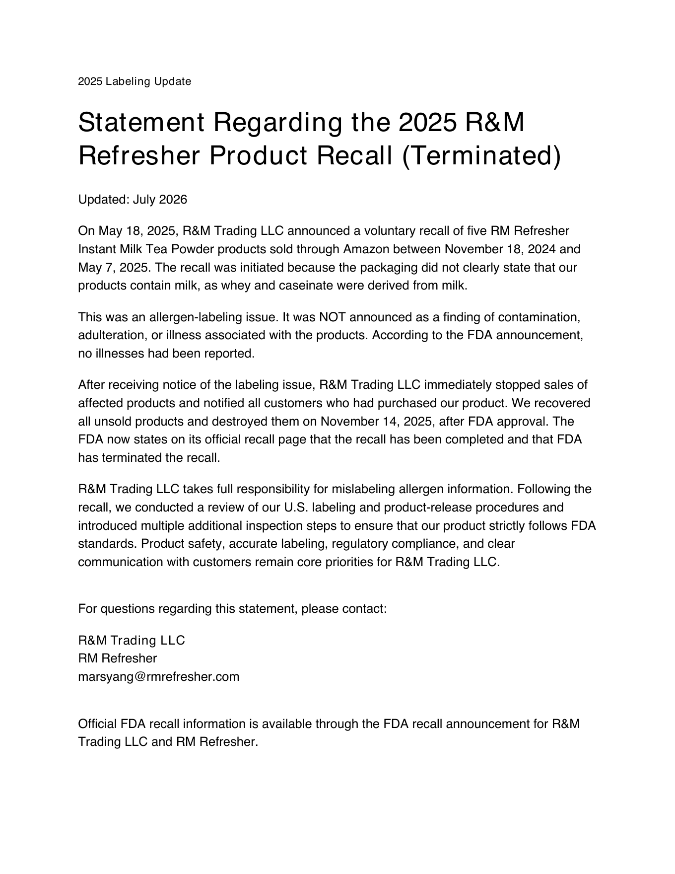 Preview of the 2025 R&M Refresher product recall statement