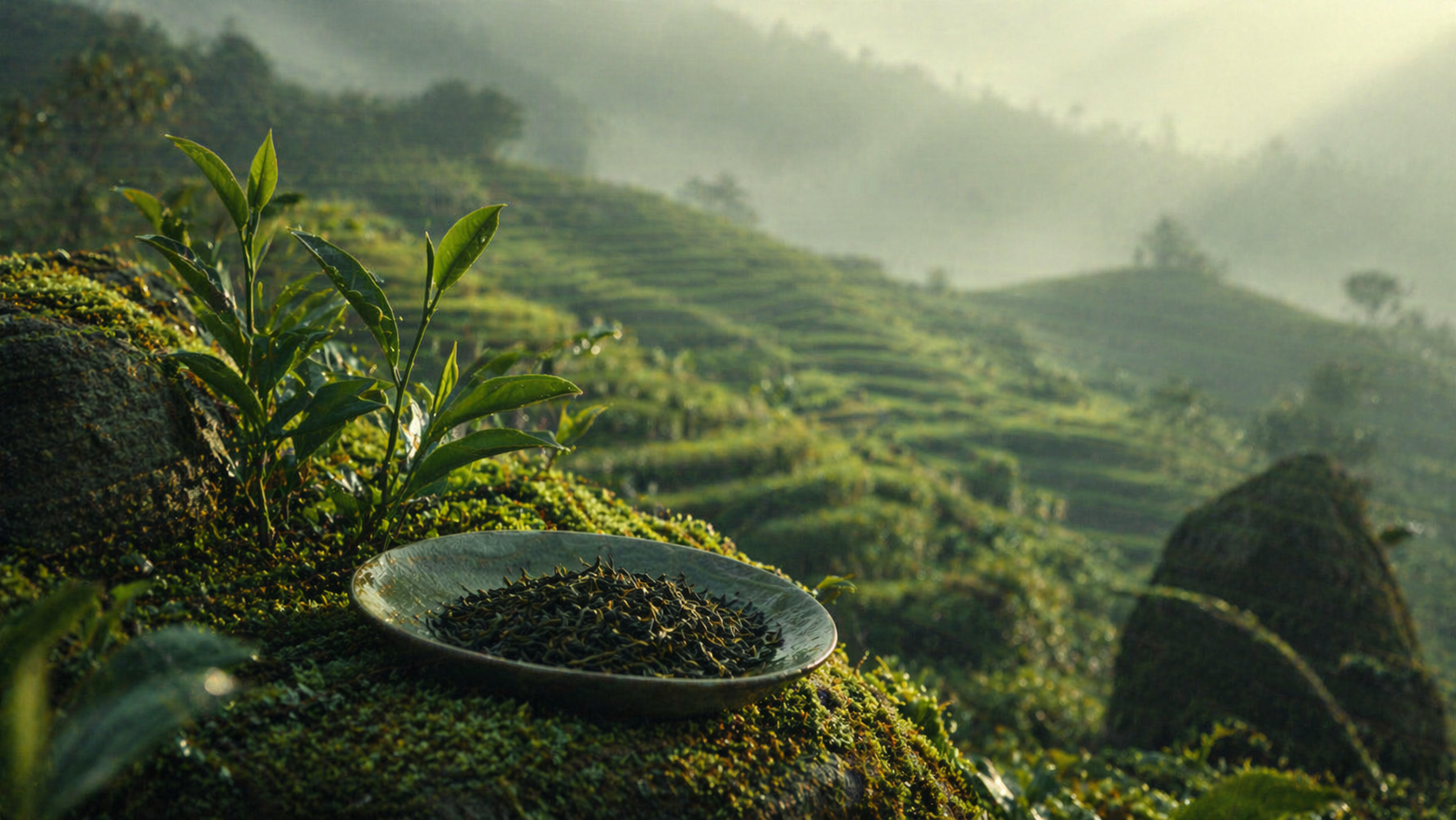 Fresh tea leaves on a misty hillside ingredient landscape