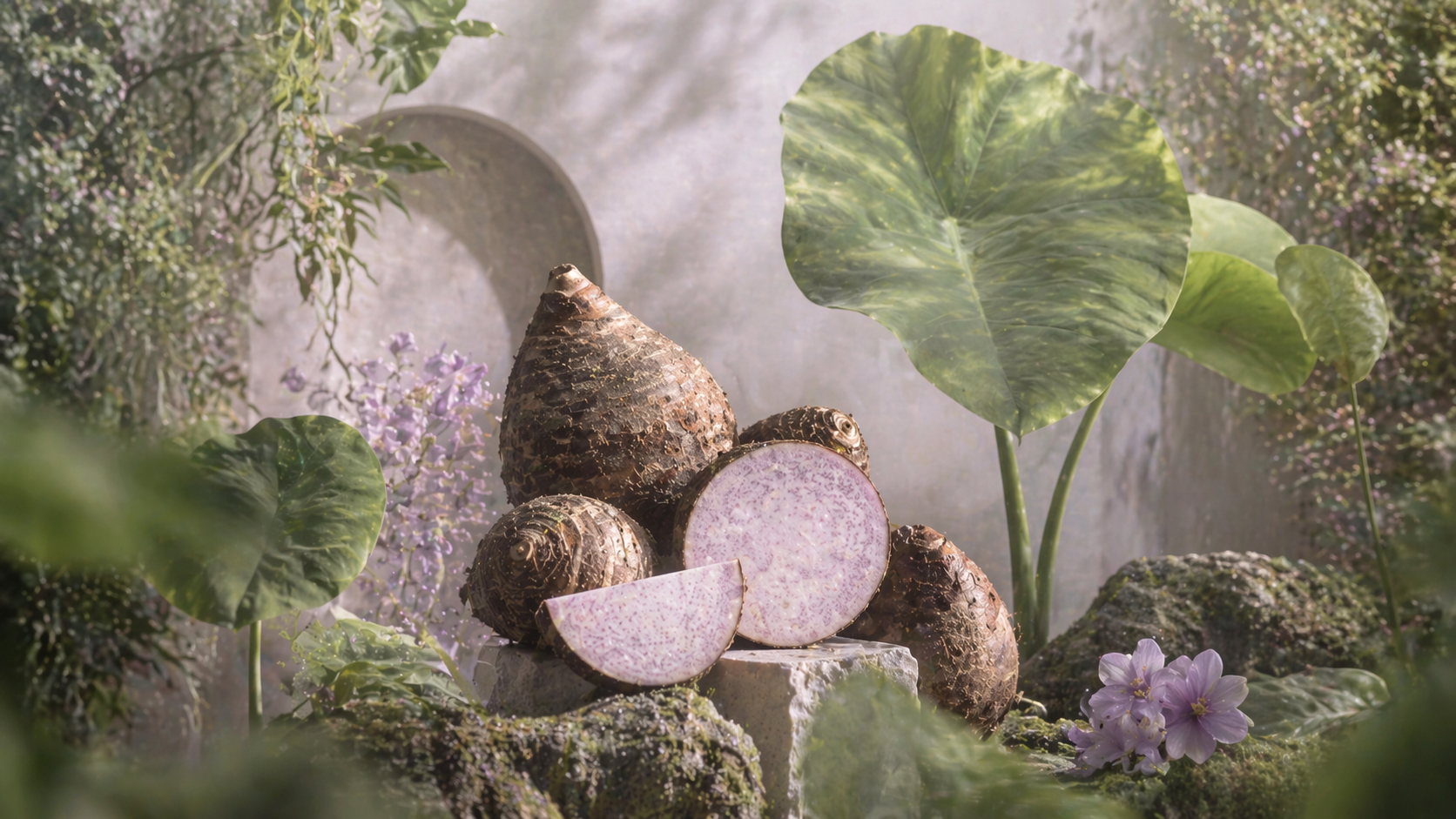Fresh taro ingredient scene styled in a lush botanical setting