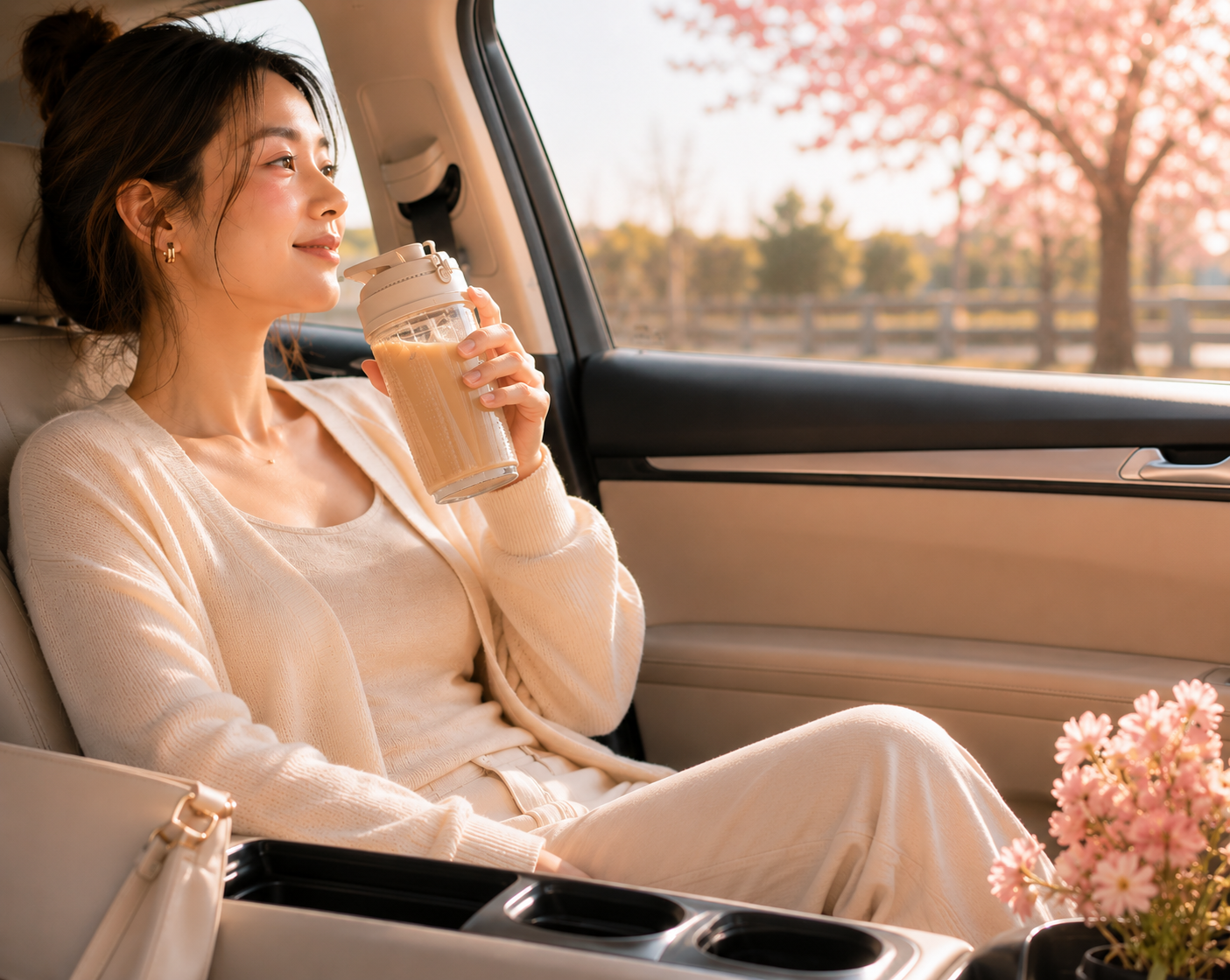 A relaxed driving moment with an RM Refresher milk tea drink in the car