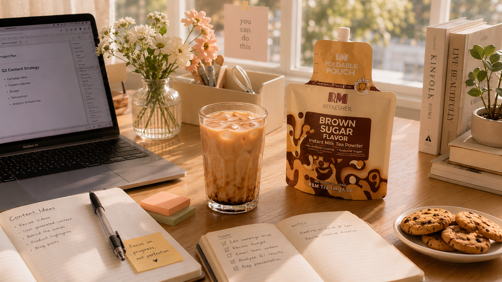 A work-from-home desk with Brown Sugar RM Refresher, an iced milk tea, laptop, notes, and cookies