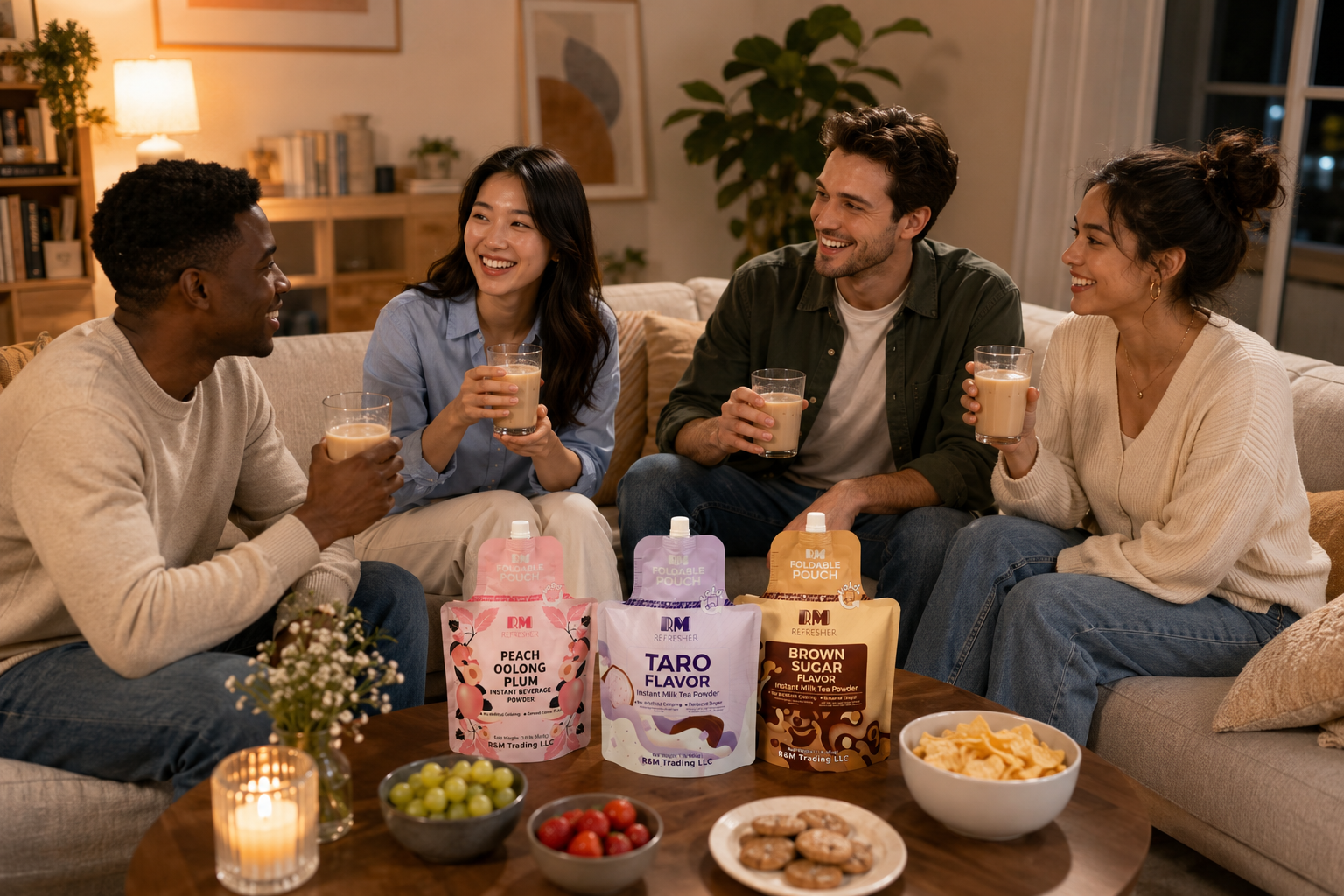 Friends gathering at home with R&M Refresher milk tea drinks